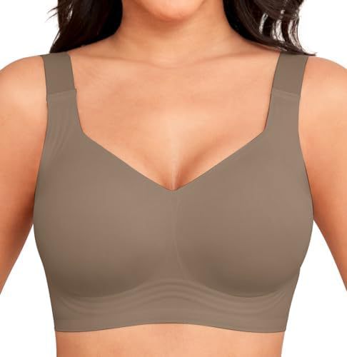 Front view of a taupe seamless wireless bra with wide straps, worn by a model 5