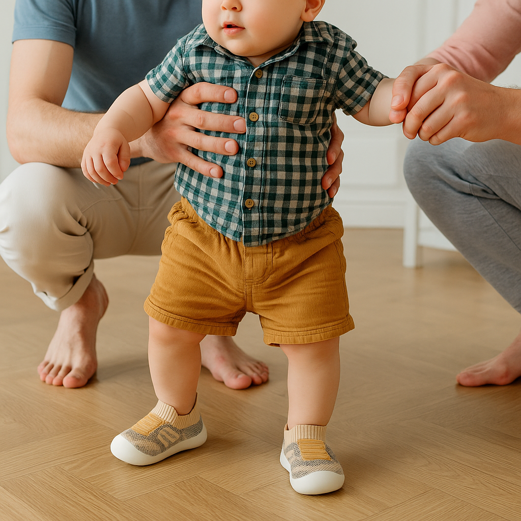 Baby in checked shirt and mustard shorts takes steps on a wooden floor, steadied by adults, wearing beige knit shoes with white soles. 5