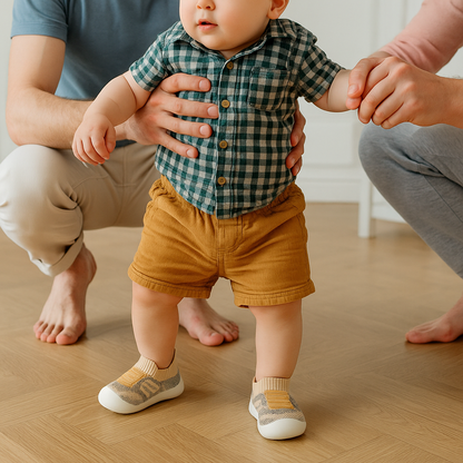 Baby in checked shirt and mustard shorts takes steps on a wooden floor, steadied by adults, wearing beige knit shoes with white soles. 5