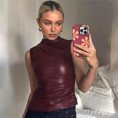 Women's Sleeveless Leather Top with Tailored Fit – Autumn Magic Nila
