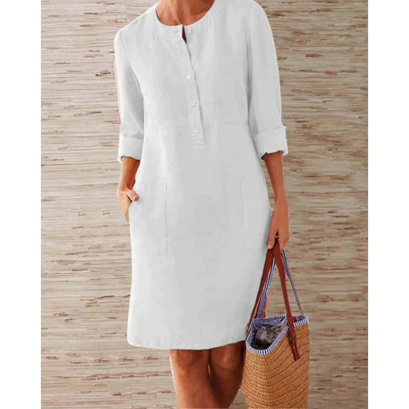 Stylish autumnal women's casual dress with pockets & round neckline – Niva