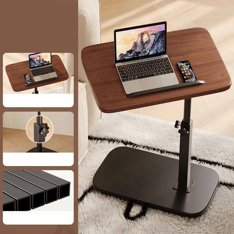 Walnut-effect desk on a shaggy rug with inset close-ups of the height-adjustment knob and the hollow black steel tubing. 3
