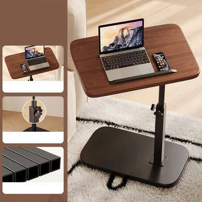Walnut-effect desk on a shaggy rug with inset close-ups of the height-adjustment knob and the hollow black steel tubing. 3