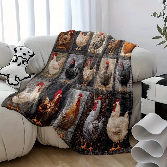 Realistic chicken-print blanket draped over the arm of a white sofa with a dalmatian cushion 13