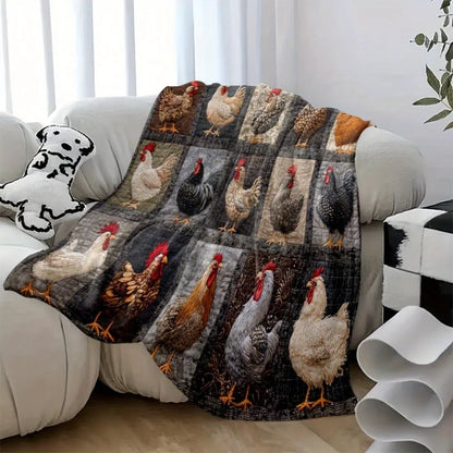 Realistic chicken-print blanket draped over the arm of a white sofa with a dalmatian cushion 13