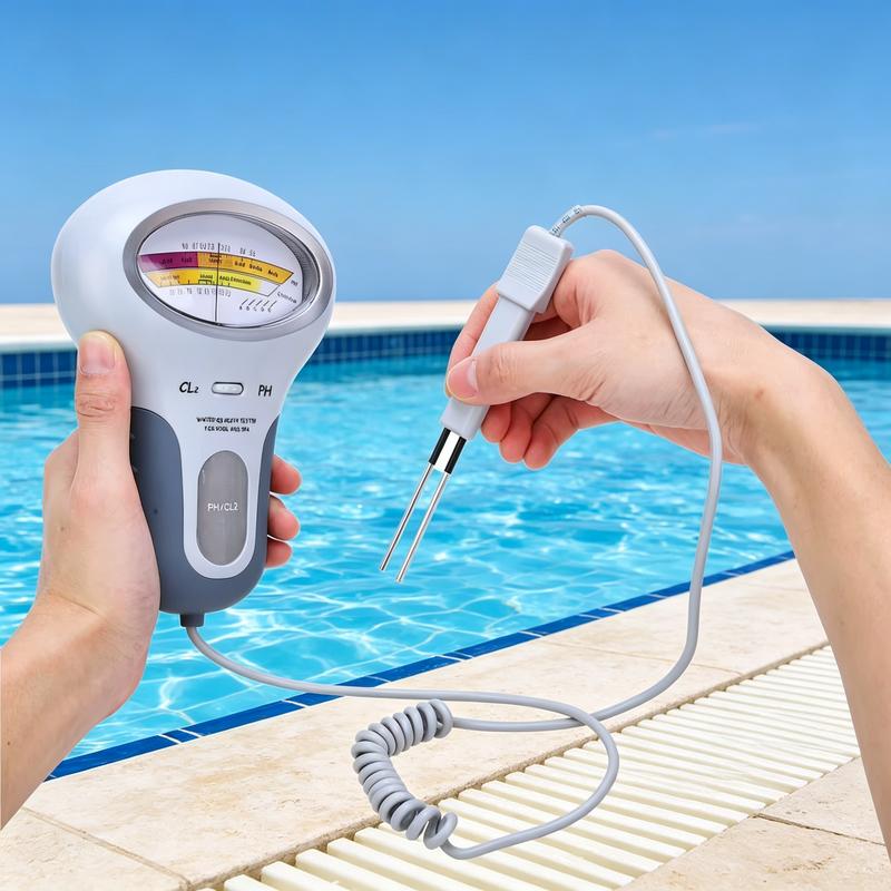 Person holding the grey and white tester in one hand and the twin-pronged probe in the other, ready to test pool water. 2