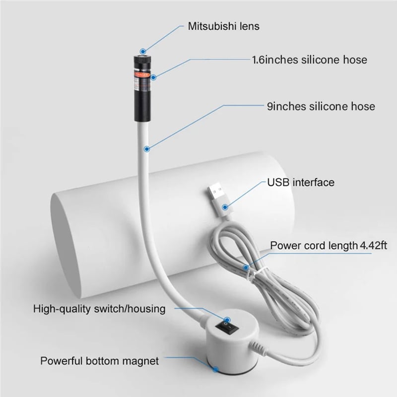 Labelled diagram of the laser guide showing its flexible hose, switch, magnetic base and white USB cable 4