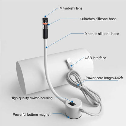 Labelled diagram of the laser guide showing its flexible hose, switch, magnetic base and white USB cable 4