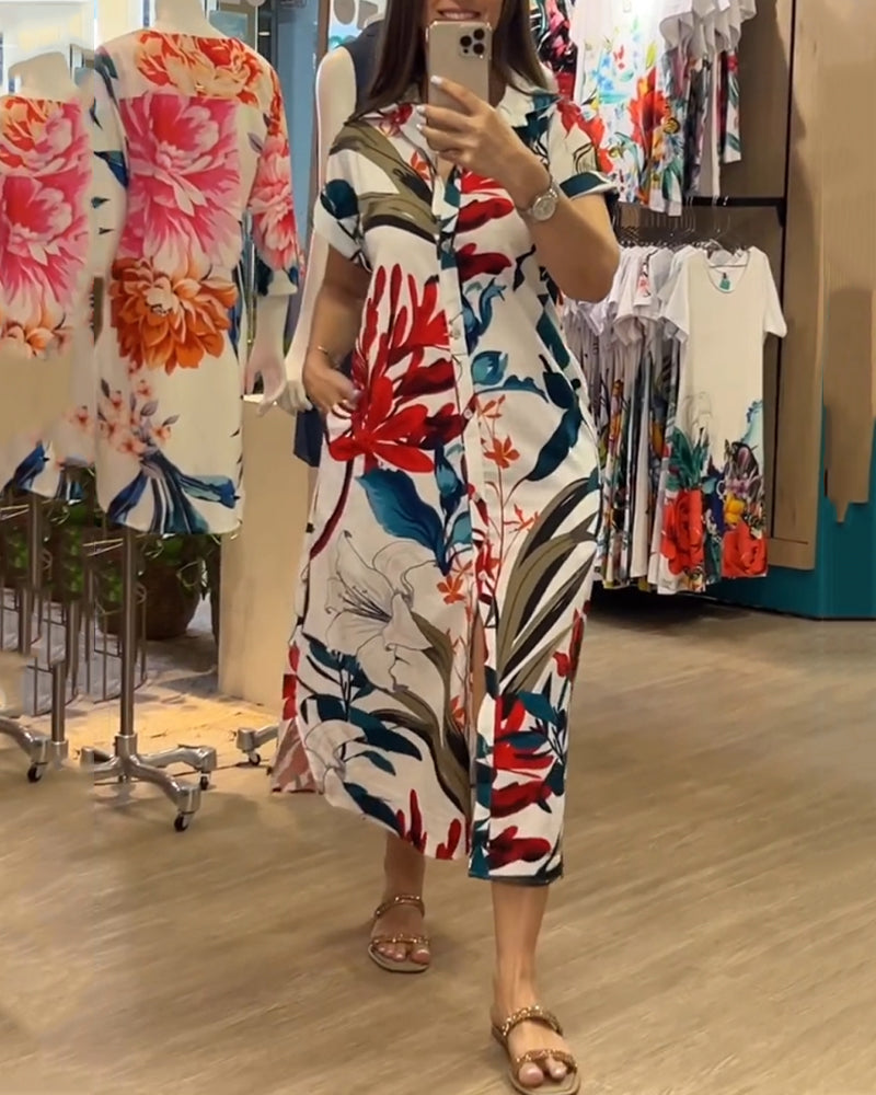 Trendy printed summer dress with shirt collar – Flora