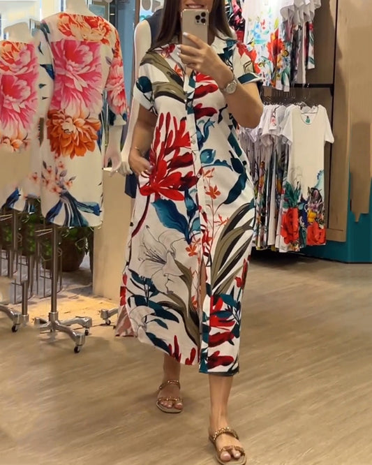 Trendy printed summer dress with shirt collar – Flora