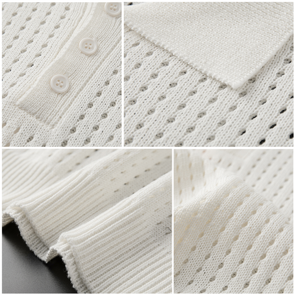 White airy men's polo shirt with a fine knitted texture – Autumn Magic Daan