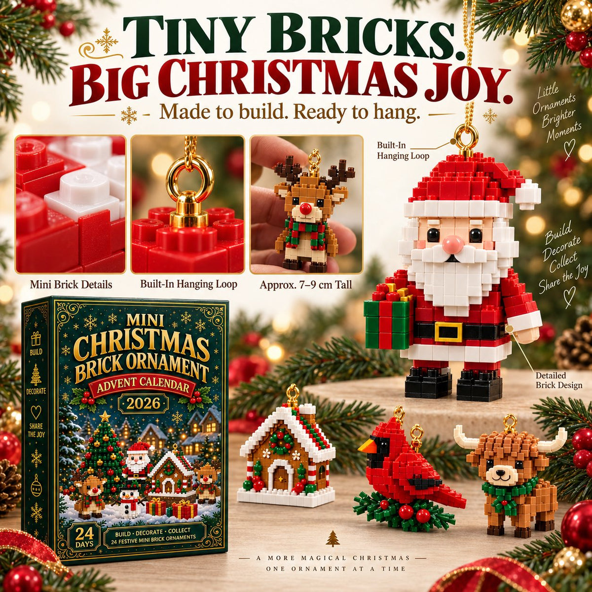 Close-ups of mini brick texture, a gold hanging loop and a reindeer held in fingers, with a large Santa, gingerbread house, cardinal and Highland cow. 2