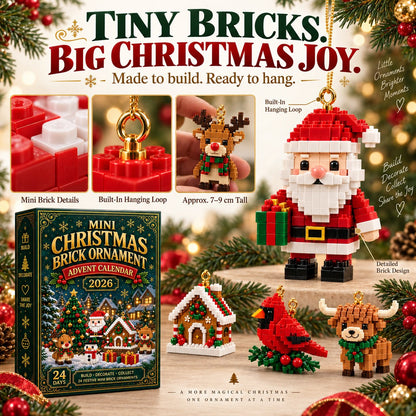 Close-ups of mini brick texture, a gold hanging loop and a reindeer held in fingers, with a large Santa, gingerbread house, cardinal and Highland cow. 2