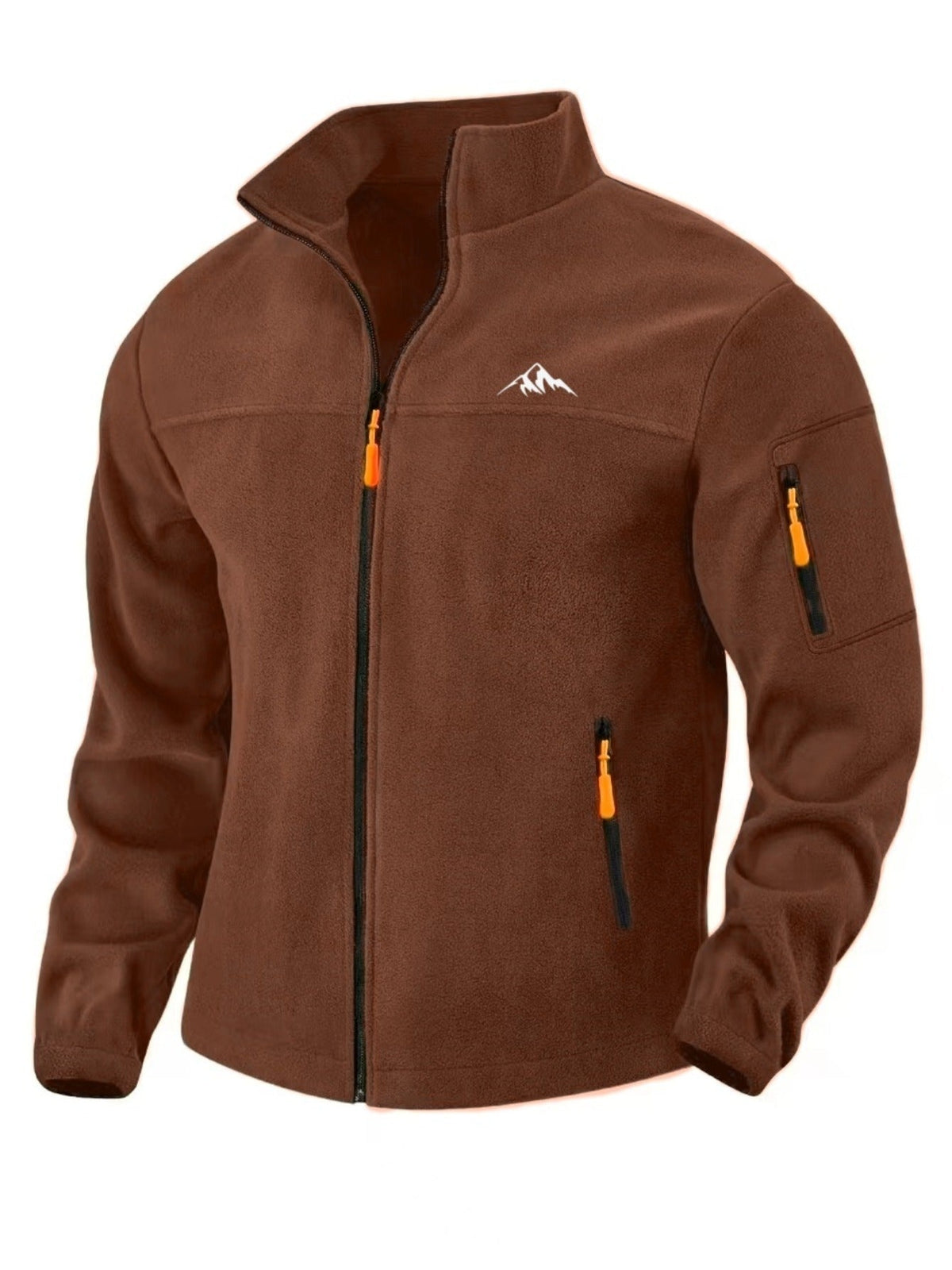 Front three-quarter view of the brown fleece jacket with stand collar, orange zip pulls, chest zip pocket and sleeve pocket. 1
