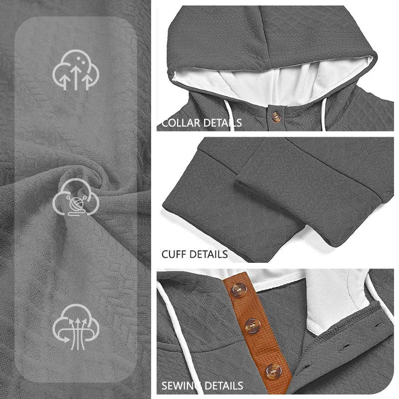 Grey hoodie detail collage showing fabric texture, collar, cuff and stitching close-ups with feature icons 31
