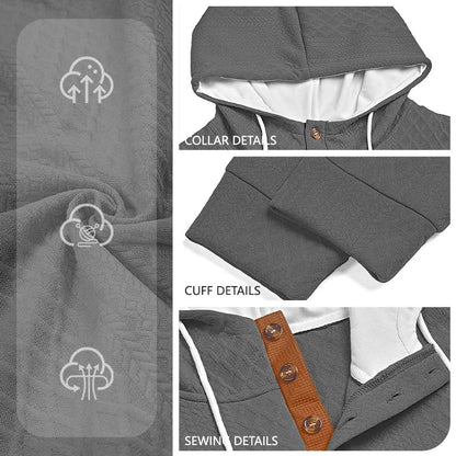 Grey hoodie detail collage showing fabric texture, collar, cuff and stitching close-ups with feature icons 31