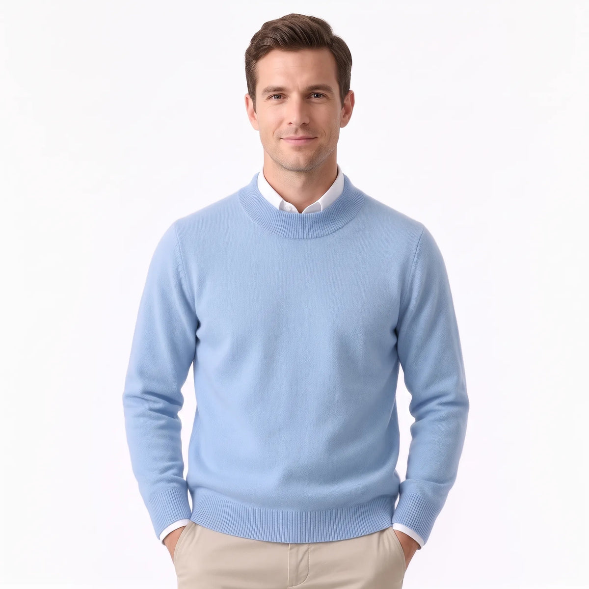 Man wearing the pale blue knitted jumper over a white shirt with beige trousers, front view 31