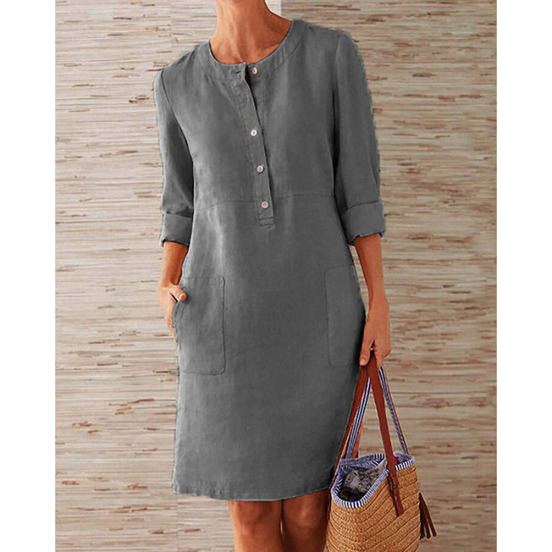 Stylish autumnal women's casual dress with pockets & round neckline – Niva