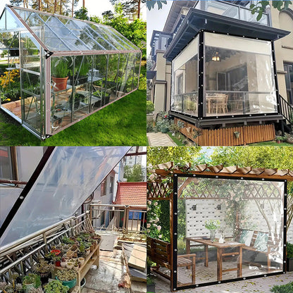 Four-panel collage of the clear tarp covering a greenhouse, a porch, a balcony plant shelf and a pergola seating area. 8