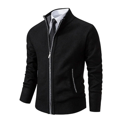 Angled view of the black cardigan with contrasting grey marl trim along the zip and pockets 32