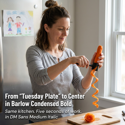 A woman in a kitchen turns a carrot in the tool, a long orange spiral falling below and a finished rose on the board. 3