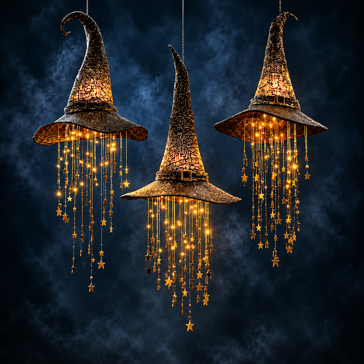 Three illuminated witch hats with curled tips and golden star strings hang against a dark blue misty background. 3