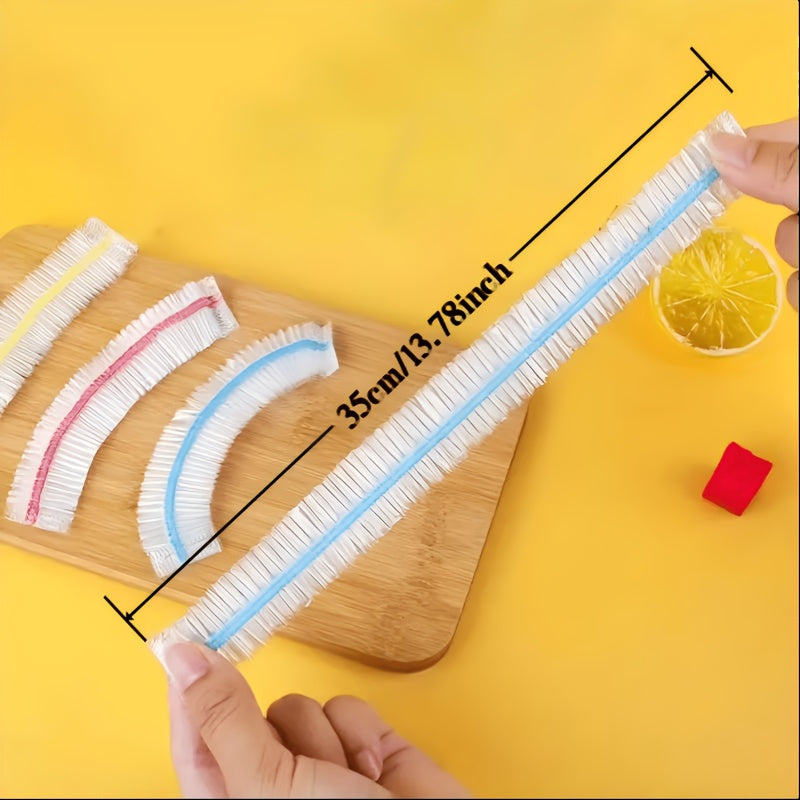 Hands stretching one blue-banded cover to its full length on a yellow background, with yellow and red-banded covers lying on a chopping board. 5