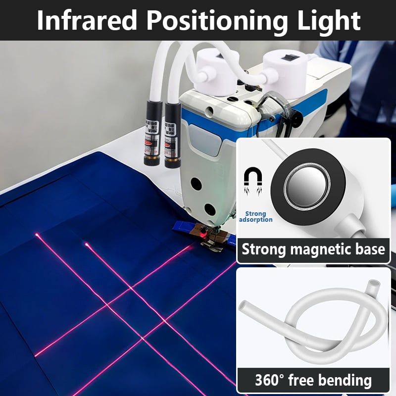 Two laser guides mounted on an industrial sewing machine projecting red cross lines onto dark blue fabric, with magnet and 2
