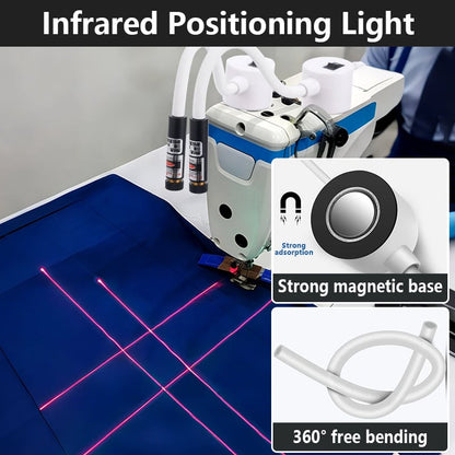 Two laser guides mounted on an industrial sewing machine projecting red cross lines onto dark blue fabric, with magnet and 2