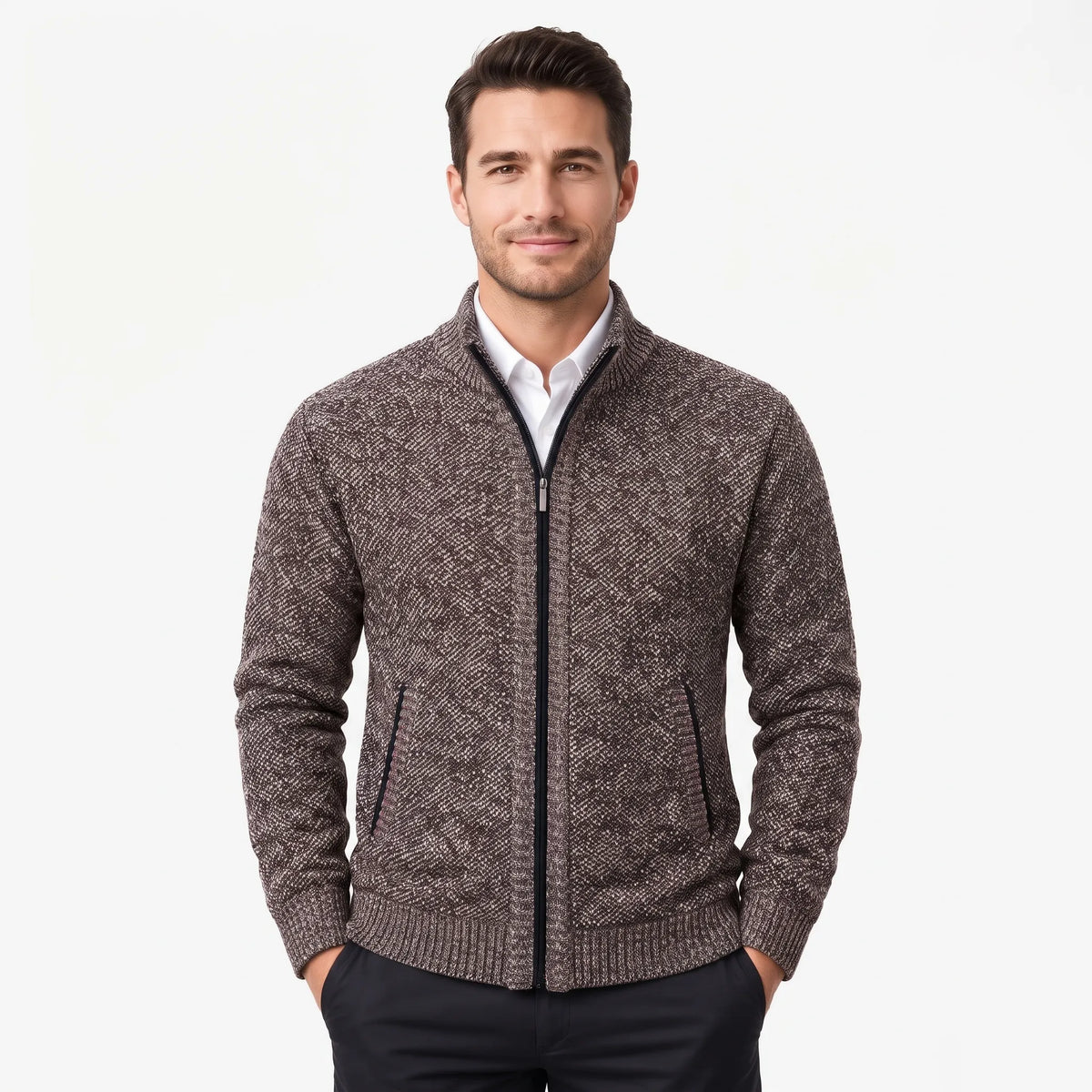 Model wearing the brown marl cardigan zipped up over a white shirt, hands in trouser pockets 33