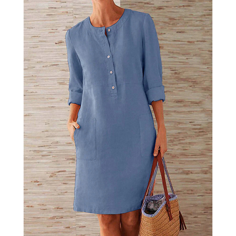 Stylish autumnal women's casual dress with pockets & round neckline – Niva
