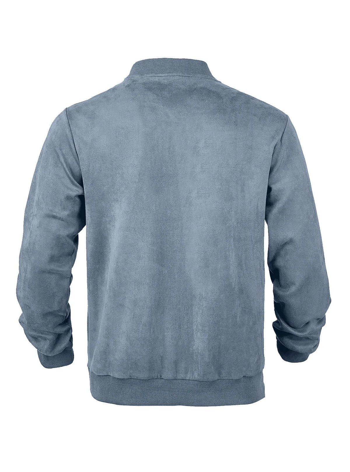 Blue-grey zip-up jacket laid flat from the front, with ribbed collar, cuffs and hem 33
