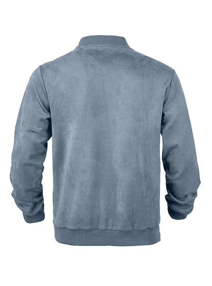 Blue-grey zip-up jacket laid flat from the front, with ribbed collar, cuffs and hem 33