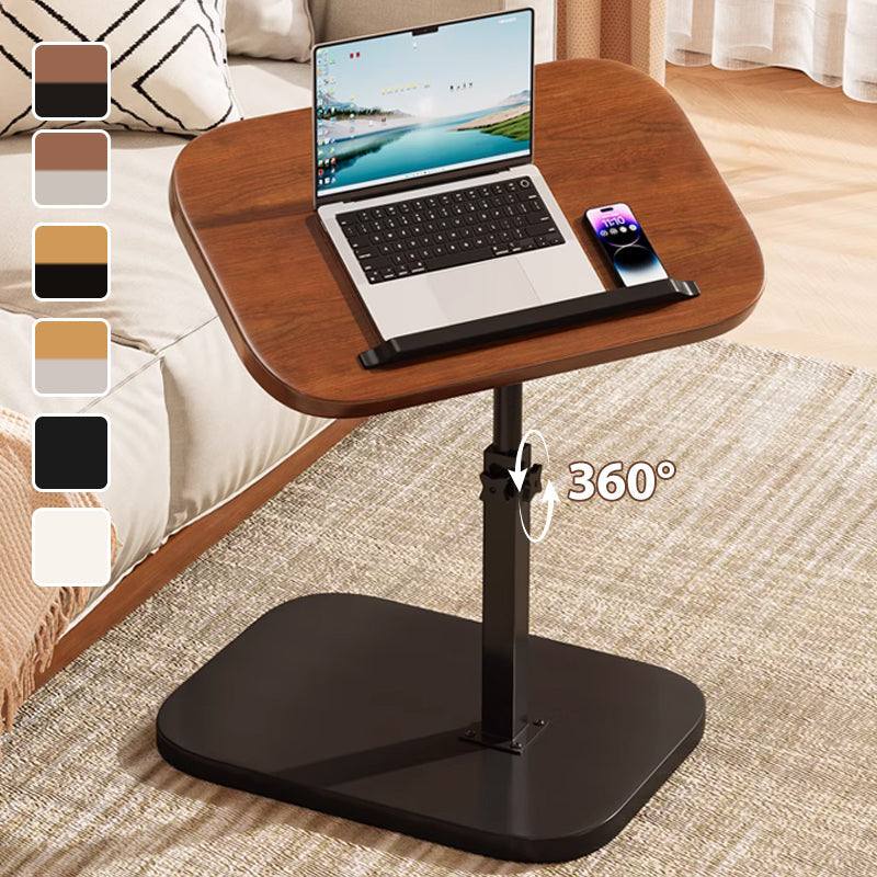 Walnut-effect desk with black base beside a sofa, holding a laptop and phone, with a swivel arrow and six colour swatches. 1