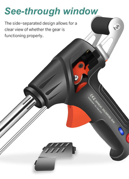 Tool with its detachable side panel removed, showing the orange internal gear mechanism and the cover lying below 7