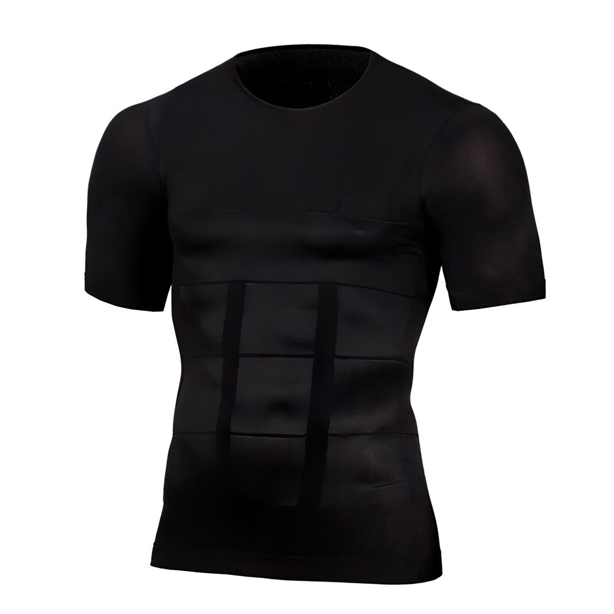 Black short-sleeved crew-neck compression top shown front on, with stitched panels and vertical bands across the stomach. 1