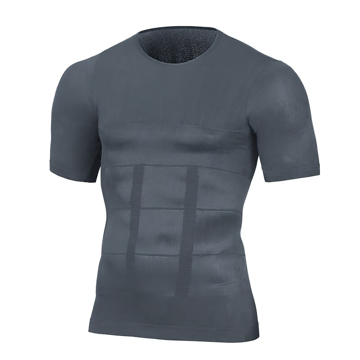 Grey version of the short-sleeved compression top, front view, with a round neck and vertical shaping bands over the stomach. 4