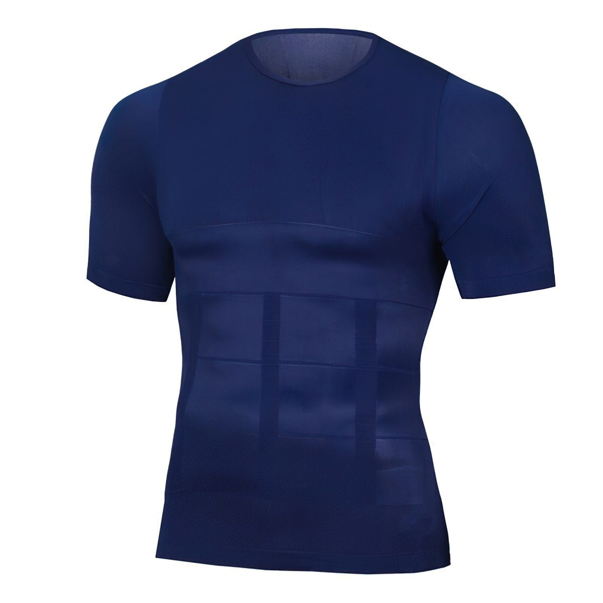 Navy blue version of the compression top, front view, showing the seamed chest line and grid of shaping panels on the abdomen. 3