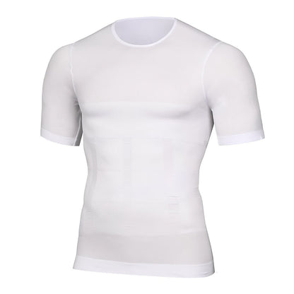 White version of the short-sleeved compression top, front view, with a round neckline and faint panelled shaping across the midsection. 2