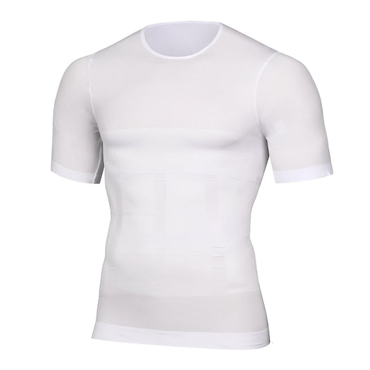 White version of the short-sleeved compression top, front view, with a round neckline and faint panelled shaping across the midsection. 2