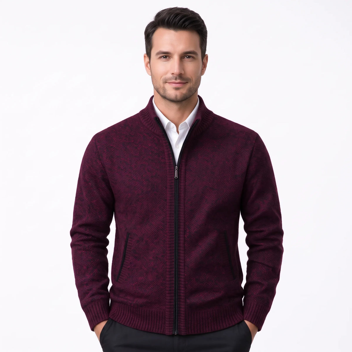 Model wearing the burgundy cardigan with black zip over a white shirt and dark trousers 34
