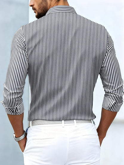 Back view on a model of the black and white striped shirt, showing even vertical stripes across the back and sleeves. 7