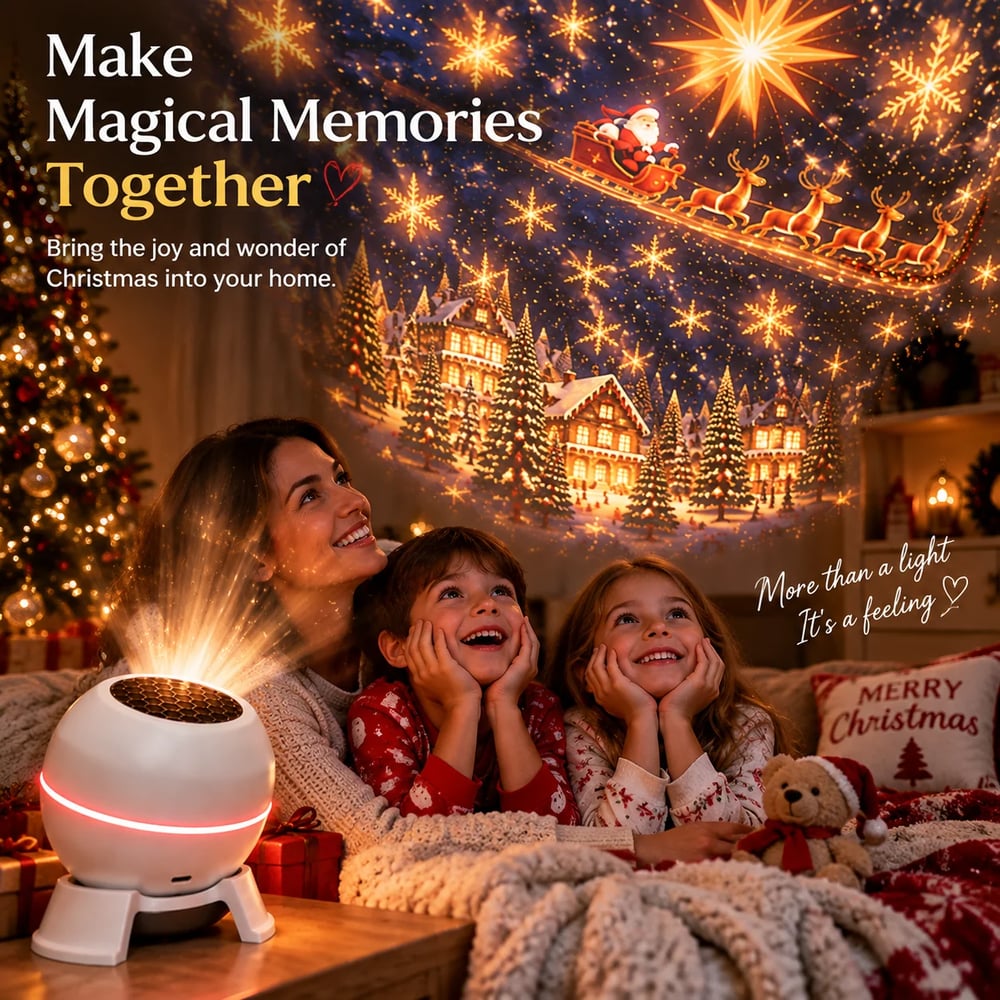 Smiling mother and two children in festive pyjamas looking up at the projection beside the glowing white projector 6