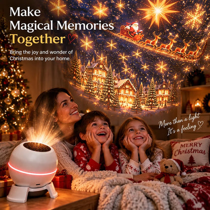 Smiling mother and two children in festive pyjamas looking up at the projection beside the glowing white projector 6