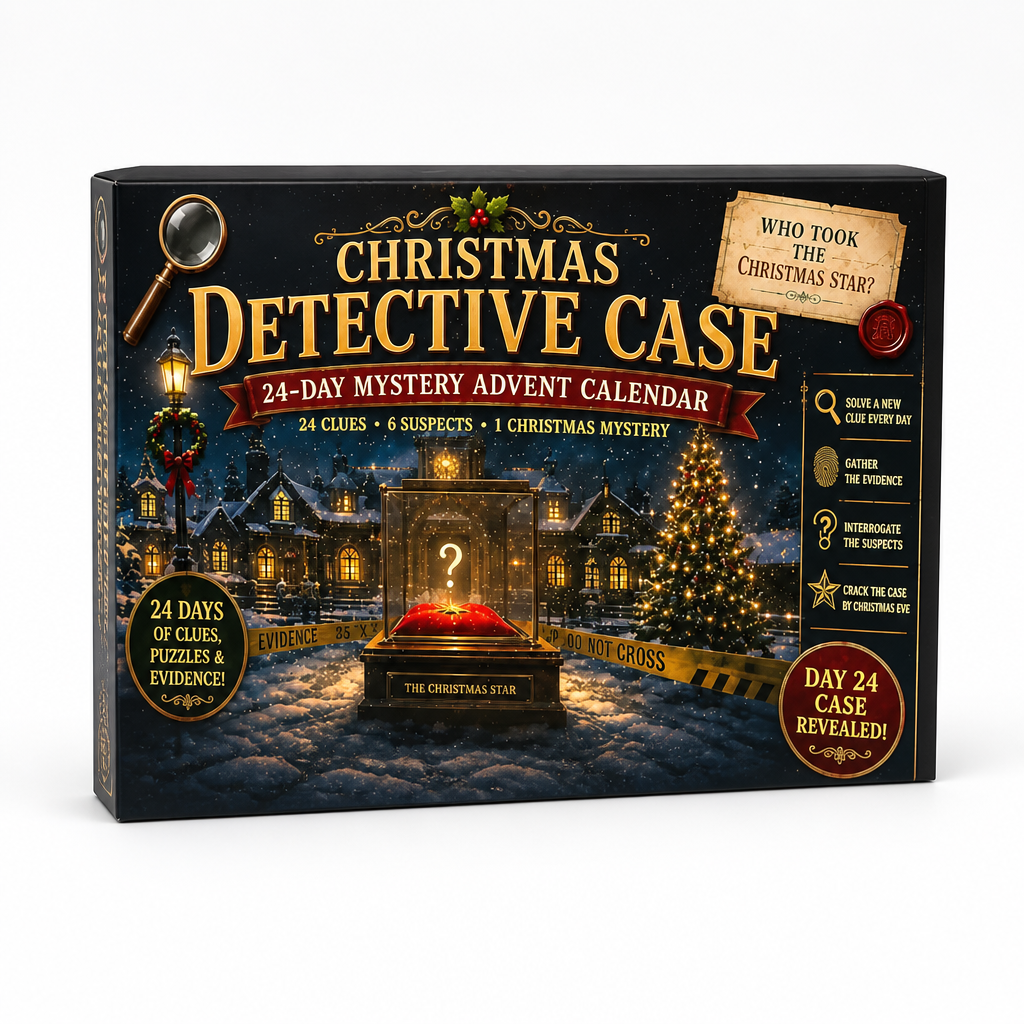Detective-themed box showing a snowy town, a lit Christmas tree, police tape and a glass case holding a question mark on a cushion. 11