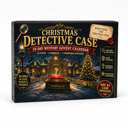 Detective-themed box showing a snowy town, a lit Christmas tree, police tape and a glass case holding a question mark on a cushion. 11