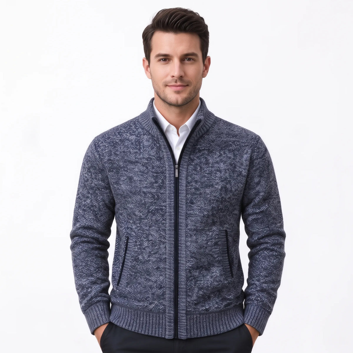 Model wearing the blue-grey marl cardigan zipped up over a white shirt, hands in pockets 35
