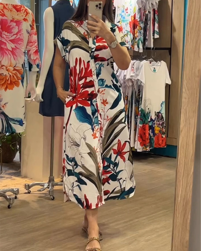 Trendy printed summer dress with shirt collar – Flora