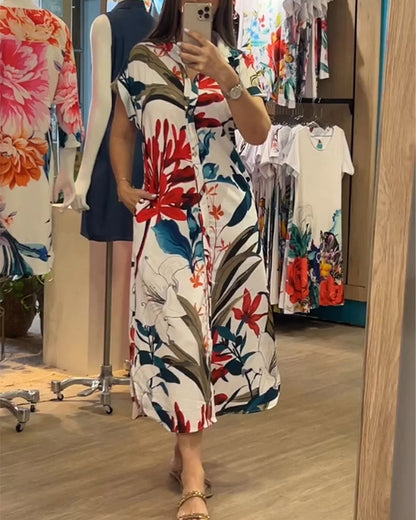 Trendy printed summer dress with shirt collar – Flora