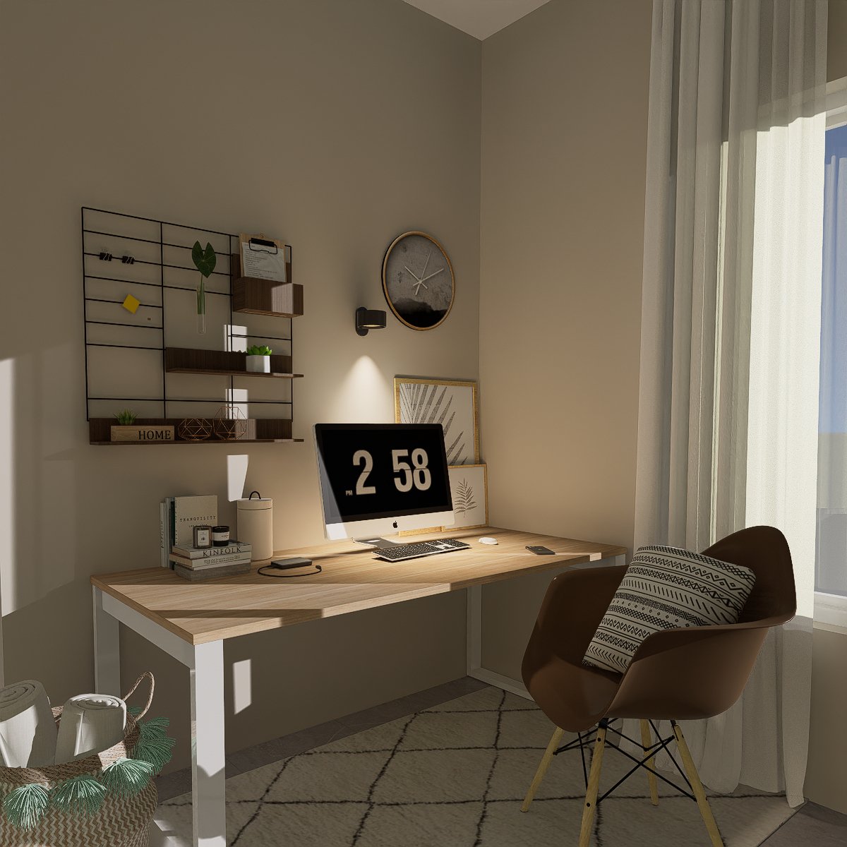 Black wall light above a wooden home-office desk with a computer, shelves, a wall clock and a brown chair. 11